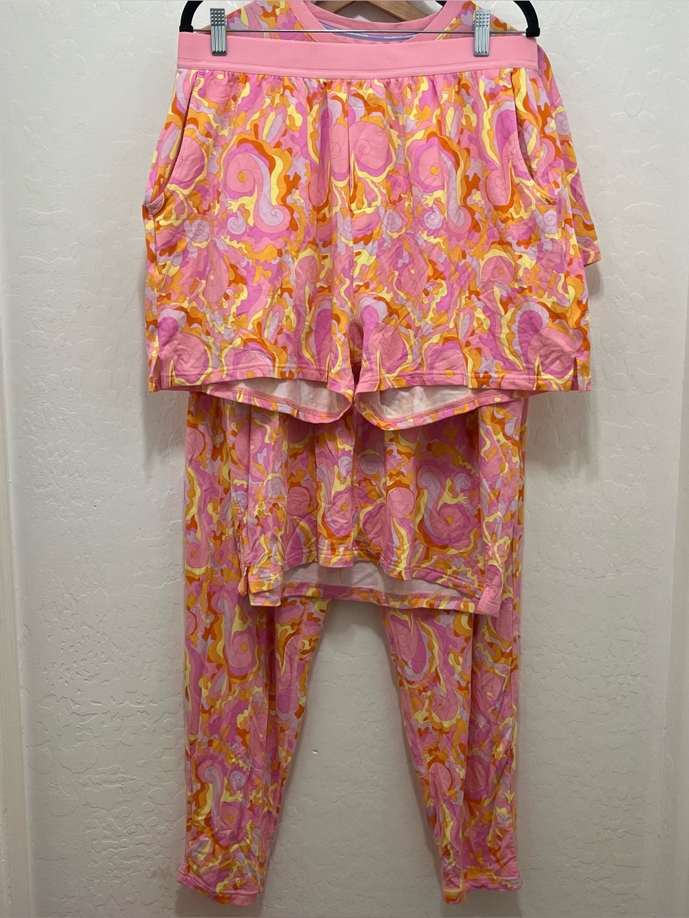 Jambys 3pc Lounge Set Groovy Pink Yellow Swirl Tee Shorts Pants Size XL